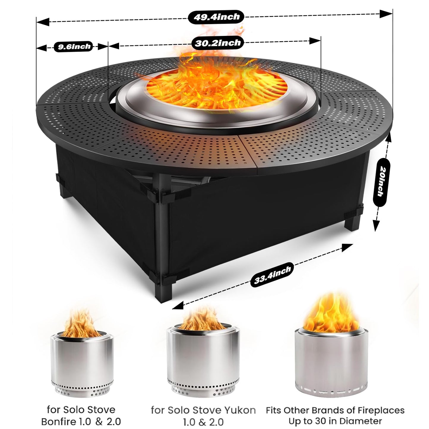 AGEDNE 47.8 Inch Fire Pit Surround Tabletop for Solo Stove Bonfire Ranger Yukon 2.0, Powder-Coated Steel Table Top with 30.2 Inch Inner Diameter,Outdoor Fire Pit Accessory for Wood Burning