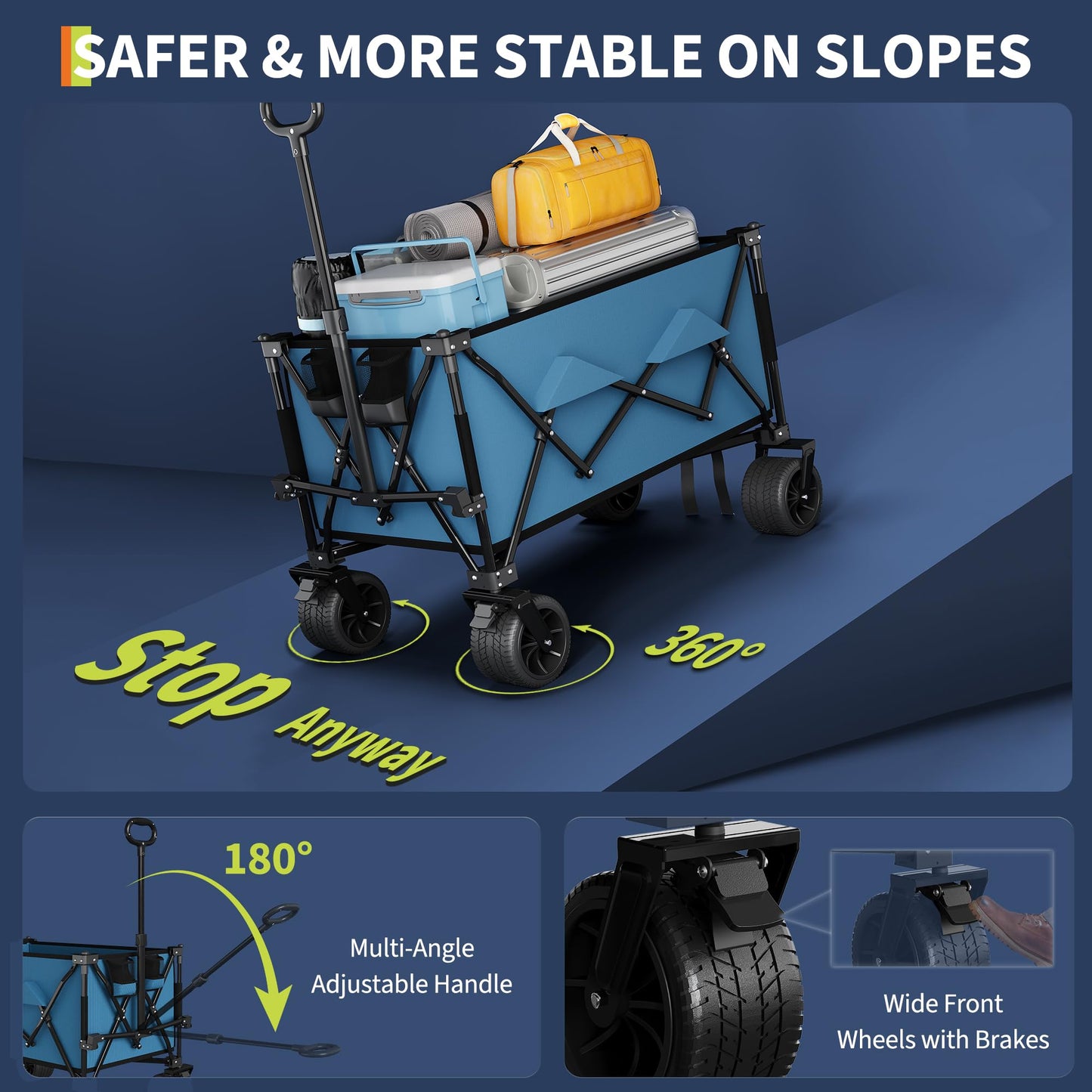 Collapsible Wagons Carts with Wheels, 350 LB Capacity & 280 L, Foldable Portable Camping Wagon with Flexible Handle & Cup Holders, Heavy Duty Grocery Cart for Beach Shopping Garden, Blue