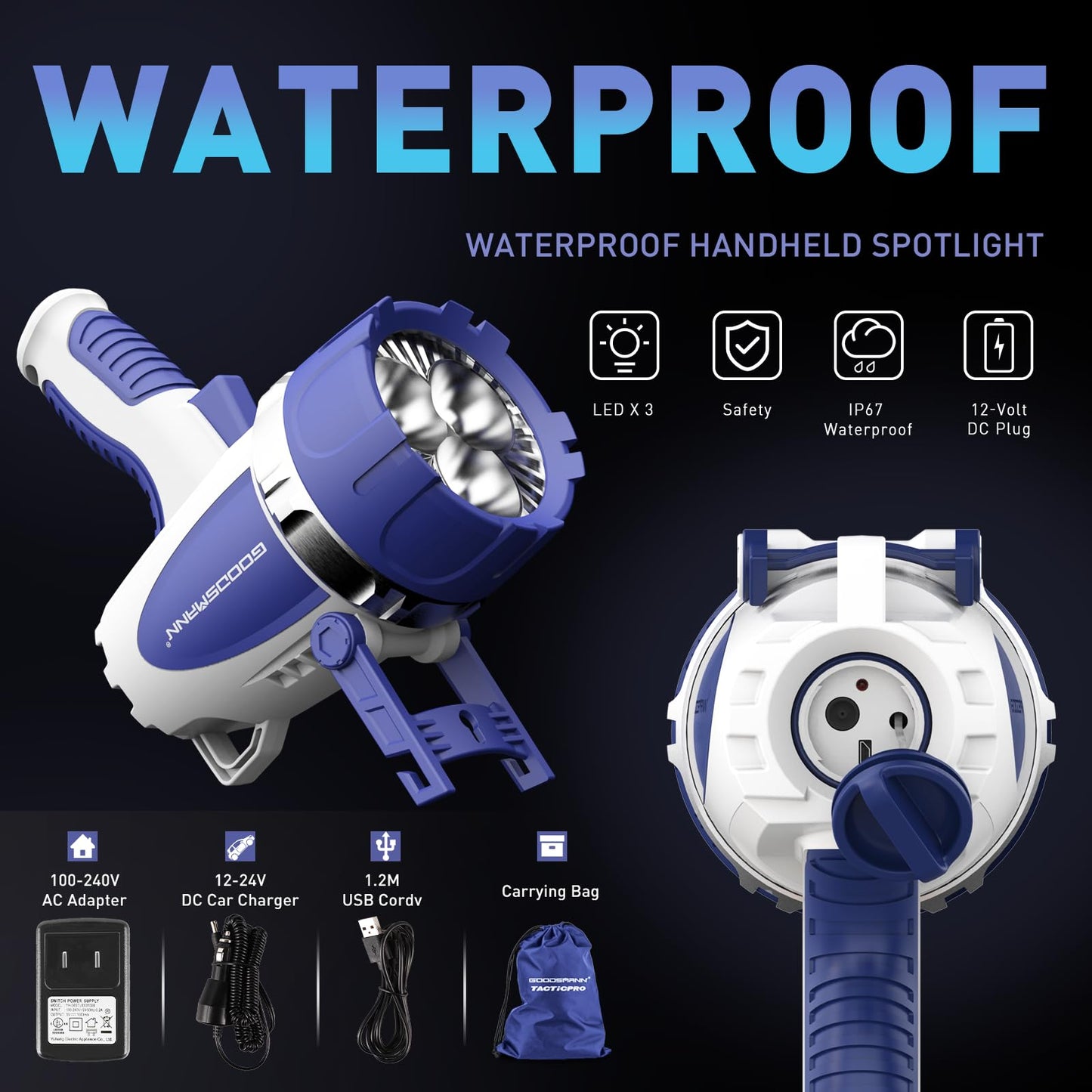 GOODSMANN Rechargeable Spotlight Flashlight LED Handheld Spot Lights Outdoor Portable IP67 Waterproof Searchlights Marine Spot Lights up to 3000 Lumen for Hiking, Boating, Hunting