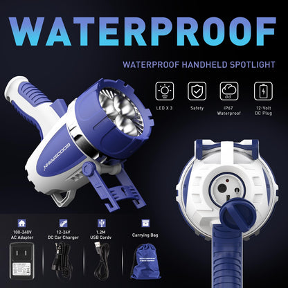 GOODSMANN Rechargeable Spotlight Flashlight LED Handheld Spot Lights Outdoor Portable IP67 Waterproof Searchlights Marine Spot Lights up to 3000 Lumen for Hiking, Boating, Hunting
