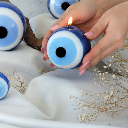 BCS Blue Evil Eye Candle - Nazar Home Decor - Handmade Unscented Premium Candles for Home & Office Vela Ojo Turco - 3.95 inches (Large) Blue