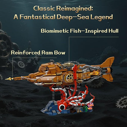 PANTASY Steampunk Nautilus Submarine Building Set Modular 3-Section Design with Gear-Linked Propeller Mini Boat &amp Undersea Adventure Scene Retro Mechanical Collectible Model Kit for Adults