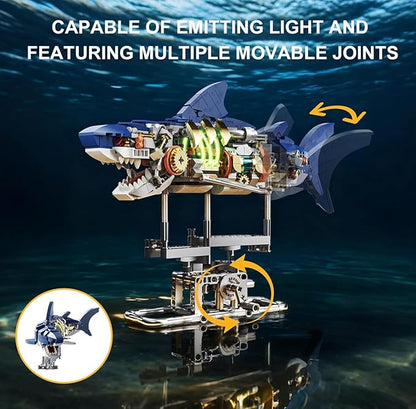 Mechanical Shark Fish Building Block Set687 PCS Movable Ocean Animals Decor Collection Toy Compatible with Lego Sets for Boys 8-14STEM Birthday Gift for Adults Women Girls Boys Age 8-12(with LED)