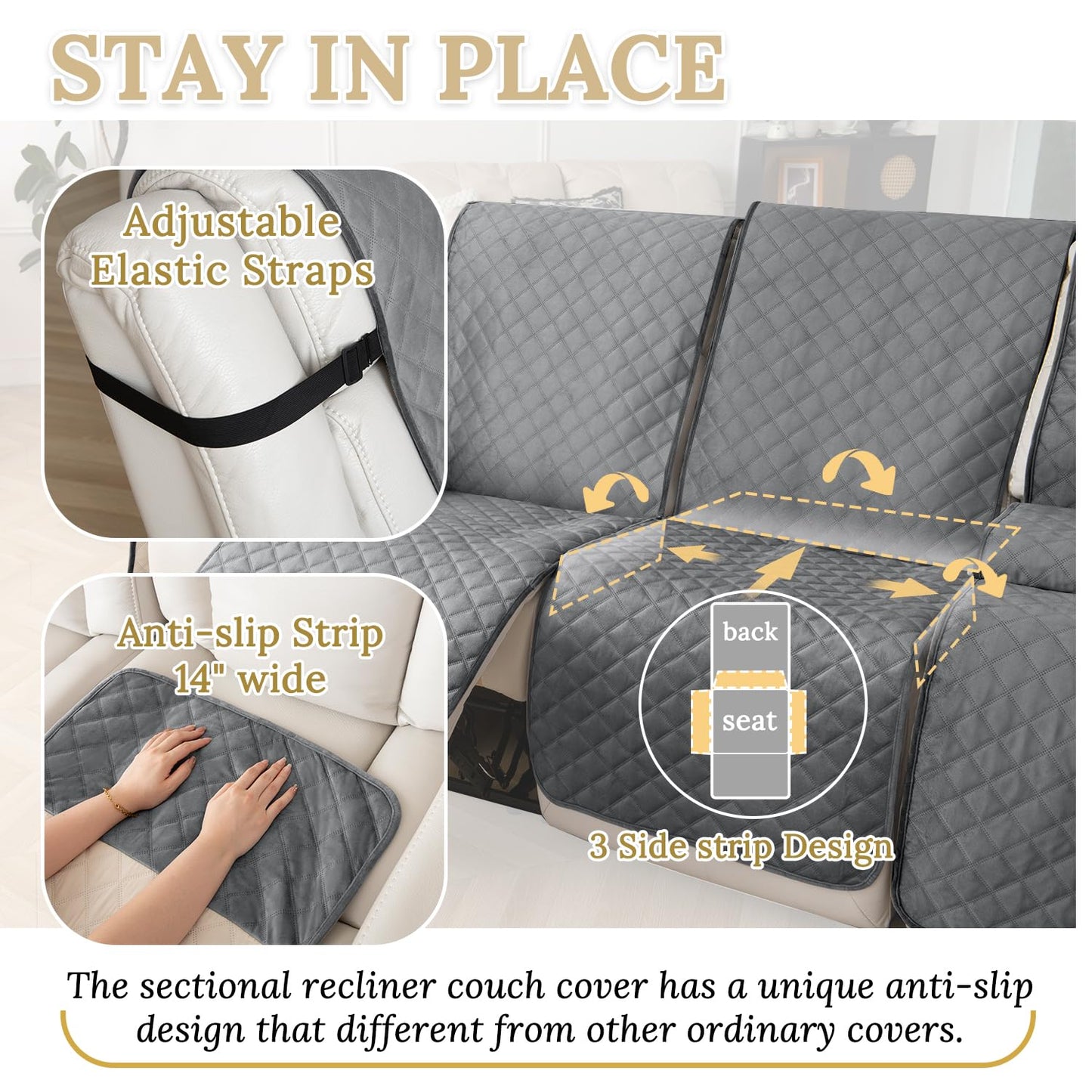 HDCAXKJ 100% Waterproof Recliner Sectional Couch Covers XX-Large L Shaped Corner Reclining Sofa Cover Washable Thick Non Slip Sectional Slipcover with Pockets (XXL 5 Seat Recliner Couch, Grey)