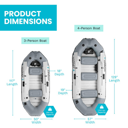 INTEX 68376EP Mariner 4 Inflatable Boat Set: Includes Deluxe 54in Boat Oars and High-Output Pump – Wear-Resistant Keel – Removable Fishing Rod Holders – 4-Person – 1100lb Weight Capacity