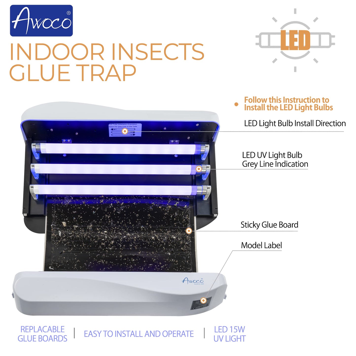 Awoco LED 15W 100V-240V Wall Mount Sticky Fly Trap Lamp with 3 LED UV Lights for Capturing Flies, Mosquitoes, Moths and Flying Insects (Fly Trap + 6 Glue Boards)…