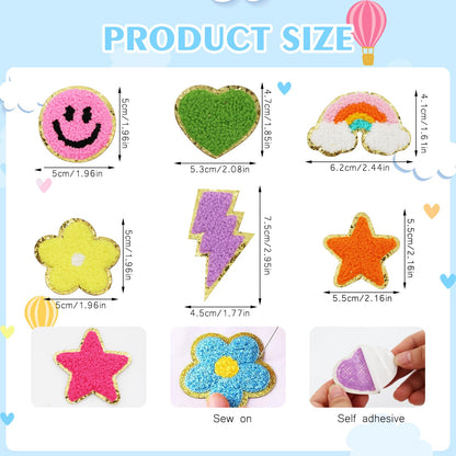 60 Pcs Self Adhesive Chenille Patches, Cute Stick on Colorful Heart Lightning Rainbow Sticker Patches for Clothing Fabric Backpacks Hat