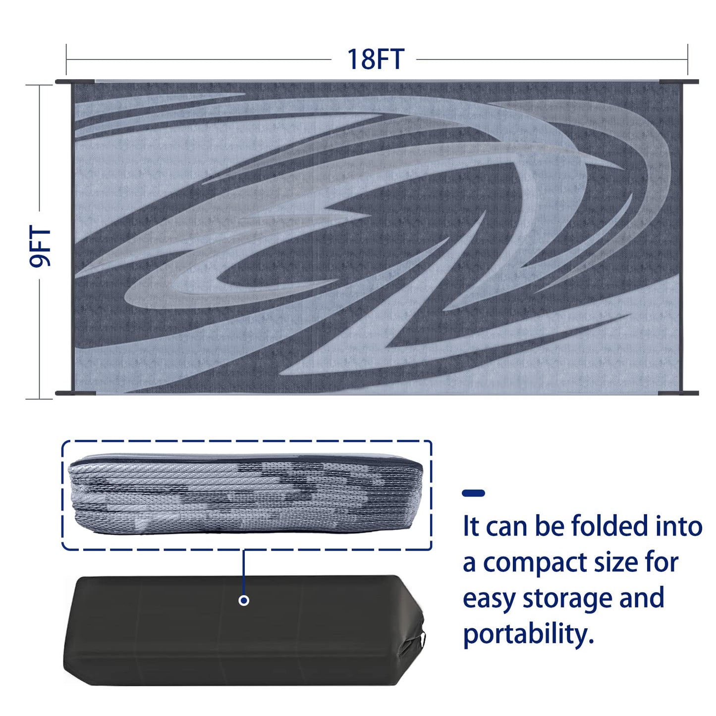 EEZ RV Products 9'x18' GW Heavy Duty Reversible/Durable Outdoor Patio/RVing Mats(9ft x18ft Grey) Come with Large Storage Bag & 6 Sets of Stakes and Washer