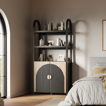 BELLEZE Book Shelf 72" Tall Arched Bookcase with Storage, 5 Tier Mid Century Modern Fluted Bookshelf with Doors, Modular Bookshelves for Living Room Office Library (Camel)