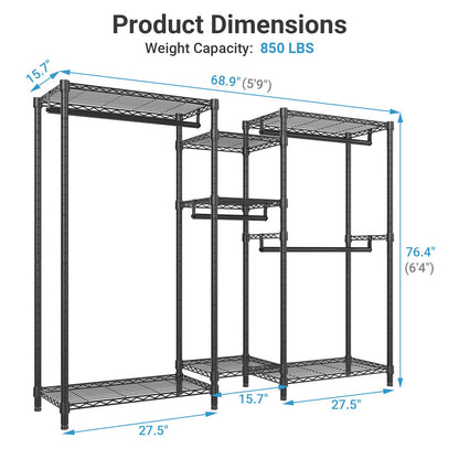 VIPEK Classic V6 Heavy Duty Clothes Rack, 7-Tier Garment Rack with Adjustable Shelves, Portable Closet Organizer with 4 Hanging Rods, Space-Saving, 850lbs Capacity, 68.9" L x 15.7" W x 76.4" H, Black
