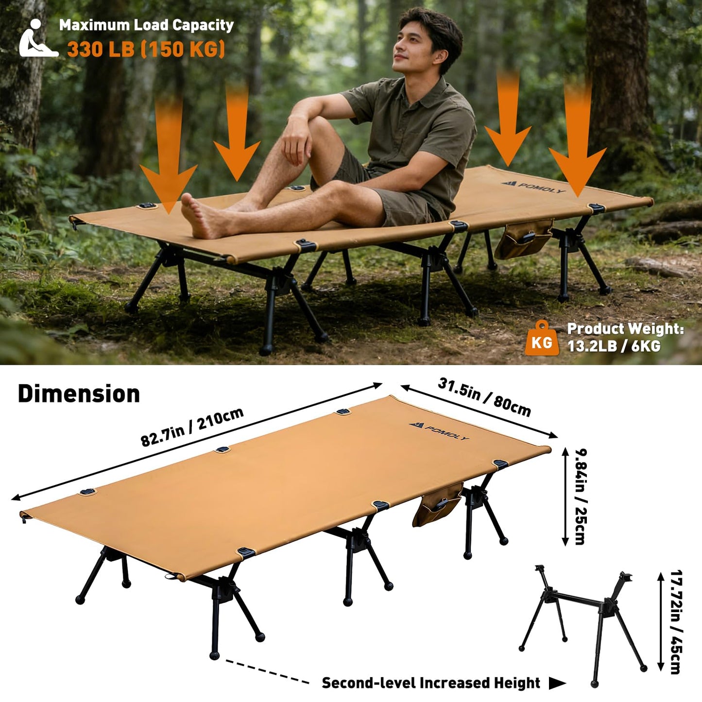 POMOLY Lightweight Camping Cot, 3-Level Height Adjustable Folding Bed for Adults, Portable Outdoor Heavy-Duty Reinforced Legs, 400 lbs Capacity, Military Army Ultralight Backpacking Hunting