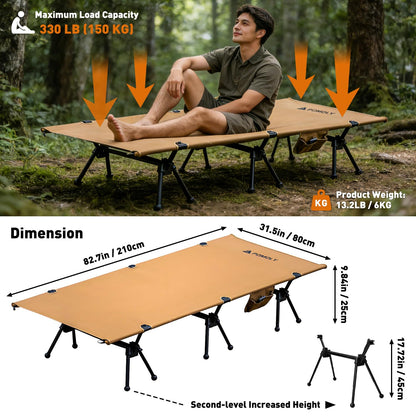 POMOLY Lightweight Camping Cot, 3-Level Height Adjustable Folding Bed for Adults, Portable Outdoor Heavy-Duty Reinforced Legs, 400 lbs Capacity, Military Army Ultralight Backpacking Hunting