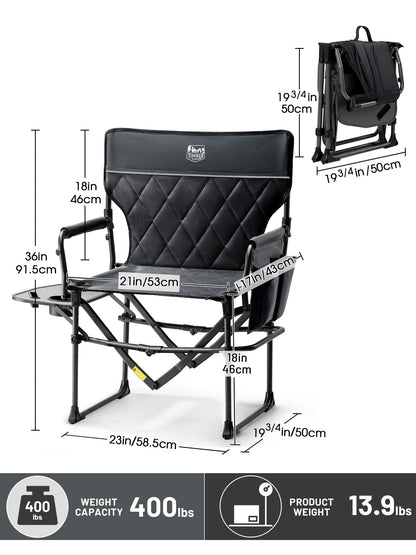 TIMBER RIDGE Heavy Duty Camping Chair with Compact Size, Portable Directors Chair with Side Table and Pocket for Camping, Lawn, Sports and Fishing, Supports Up to 400lbs, Black 2 Pack