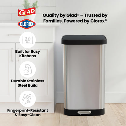 Glad Step Trash Can, Soft Close Lid Bin with Odor Protection, 20 Gal, Stainless