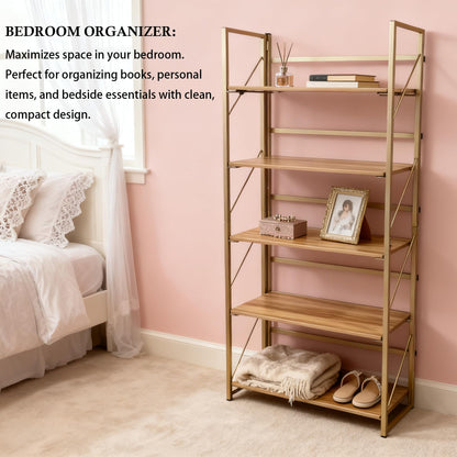 Kogven Folding Bookshelf, 2-in-1 Convertible Design, Multifunctional Plant Stand Storage Rack Shelves for Home Office, Easy Assembly, 5-Tier,Gold & Nature Wood