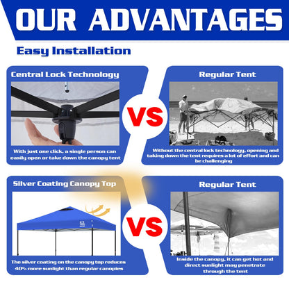 FANPAT 10x10 Pop Up Canopy Tent,300D Silver-Coating Top,1-Person Setup Commercial Heavy Dury Canopy Tent Instant Portable Shelter and Carry Bag, Bonus 8 Stakes and 4 Weights(Blue)