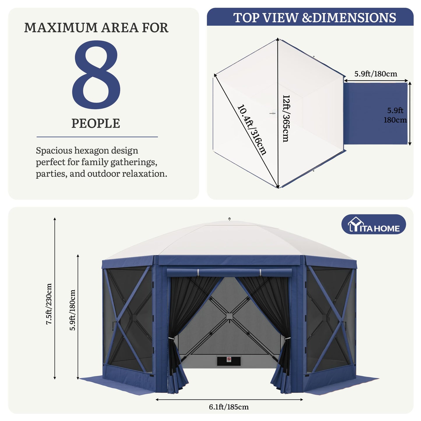 YITAHOME 12x12ft Camping Gazebo, Portable Pop Up Canopy Outdoor Screen Tent 6 Sided with Mesh Windows and Carry Bag for Camping, Picnic, Backyard Party Outside Activities, Gray