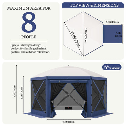 YITAHOME 12x12ft Camping Gazebo, Portable Pop Up Canopy Outdoor Screen Tent 6 Sided with Mesh Windows and Carry Bag for Camping, Picnic, Backyard Party Outside Activities, Gray