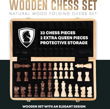 Chess Armory Wooden Chess Set 15 Inch - Classic Handcrafted Game Board for Adults with Extra Queen Pieces and Storage Box - Ideal for Home and Travel - Non-Magnetic