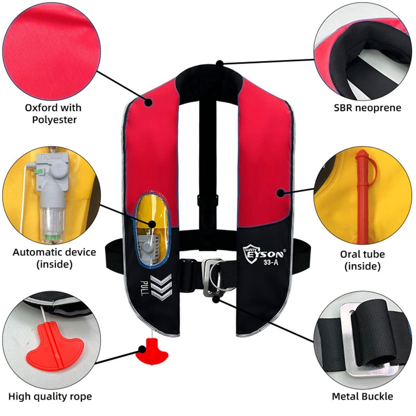 Automatic Inflatable Life Jacket,Life Vest for Adult,Preserver PFD for Adults,Supports Weight up to 330 pounds (RED-716)
