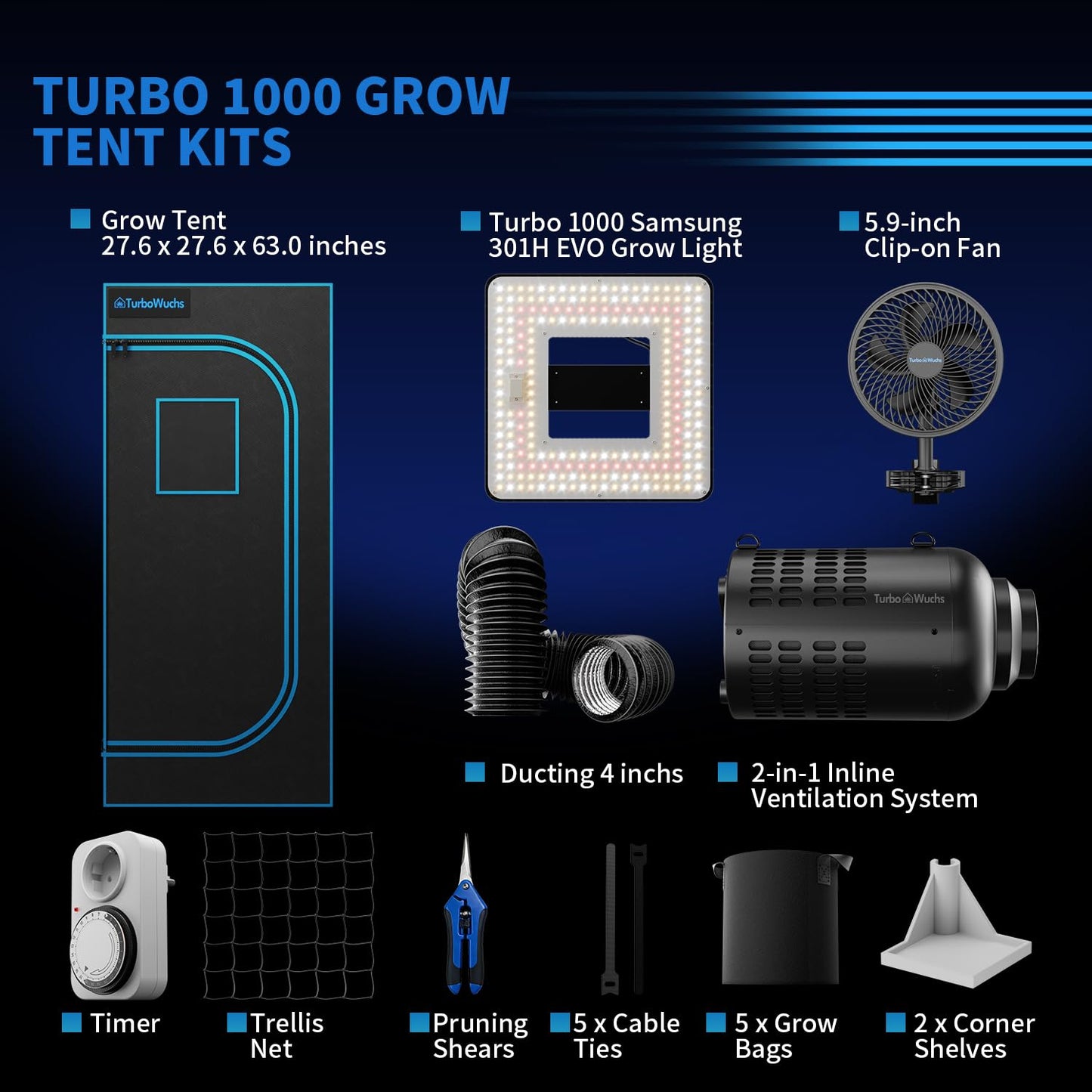 Grow Tent Kit Complete System 2.3x2.3 ft, 100W LED Grow Light with LM301H EVO & Sunrise Timer, 1680D High-Reflective Mylar Tent, 4 Inch Smart 2-in-1 Ventilation System with Carbon Filter & Clip Fan