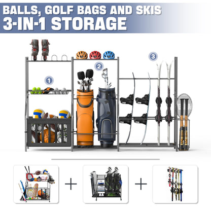 WALMANN Garage Sports Equipment Organizer Stand, Freestanding Ski & Snowboard Storage Rack with Ball Bin and Golf Bag Holder, Multi-Sport Storage for Garage