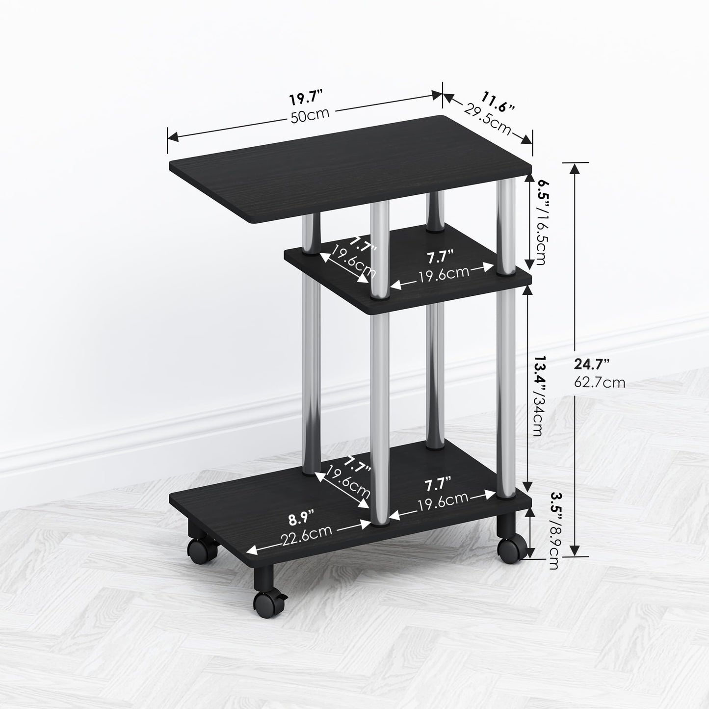 Furinno TOMI Side Table, 3-Tier C-Shape Open Shelf End Table with Wheels, Night Stand, Bedside Table, Toolless Assembly, for Living Room, Bedroom, Americano/Stainless Steel