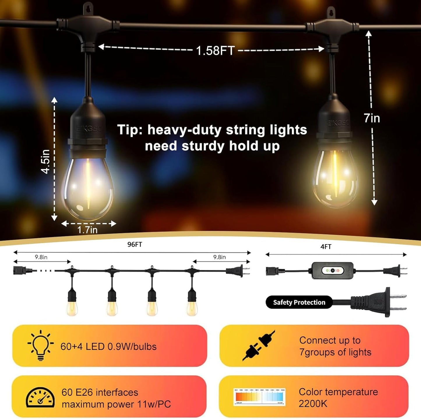 EIKOSON 100FT LED Outdoor String Lights with 60+4 Waterproof Bulbs(1.5FT Bulbs Spacing), Remote & Dimmer, Commercial Grade Patio Lights with 3 Mode Light & Timing, 100PC Ties