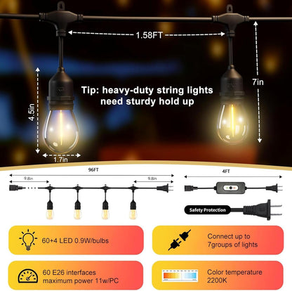 EIKOSON 100FT LED Outdoor String Lights with 60+4 Waterproof Bulbs(1.5FT Bulbs Spacing), Remote & Dimmer, Commercial Grade Patio Lights with 3 Mode Light & Timing, 100PC Ties