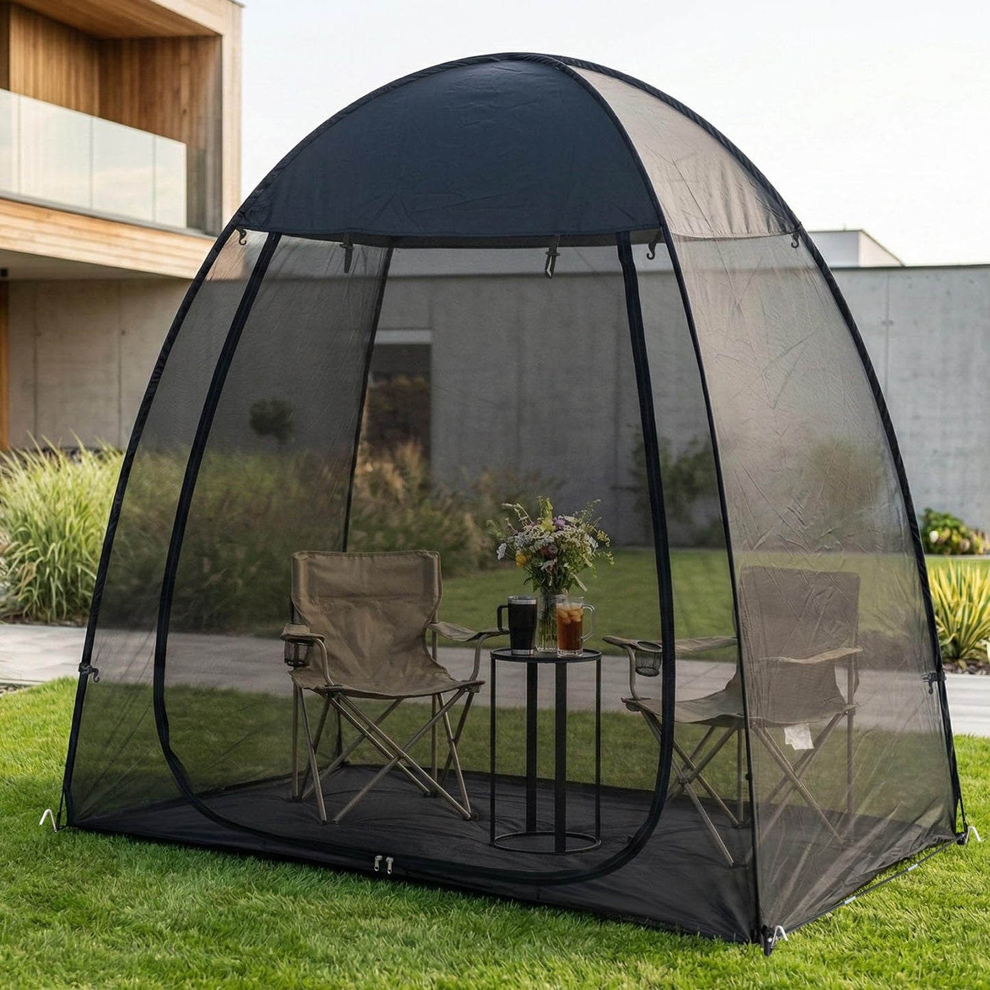 Alvantor® Pop Up Screen House Tent 6x6 FT, Snap-fit Black Mesh Screen Gazebo with Peaked Roof, Portable Screen Room Canopy Shelter with Sunshade & Sandbags for Camping, Backyard, Picnic