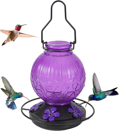 Skiennix Glass Hummingbird Feeder - 23oz Leak-Proof Outdoor Nectar Feeder with 5 Flower Ports | Purple Garden Decor Gift for Mom