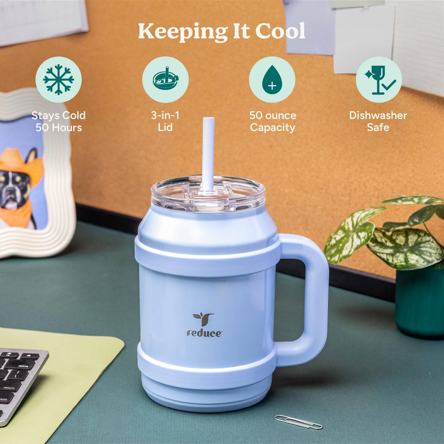 REDUCE Cold1 50 oz Reusable Mug Tumbler with Handle - Insulated Stainless Steel Water Bottle for Home, Office and Gym; Straw or Leakproof Flip Lid, Keeps Drinks Ice Cold All Day - Gloss Sedona