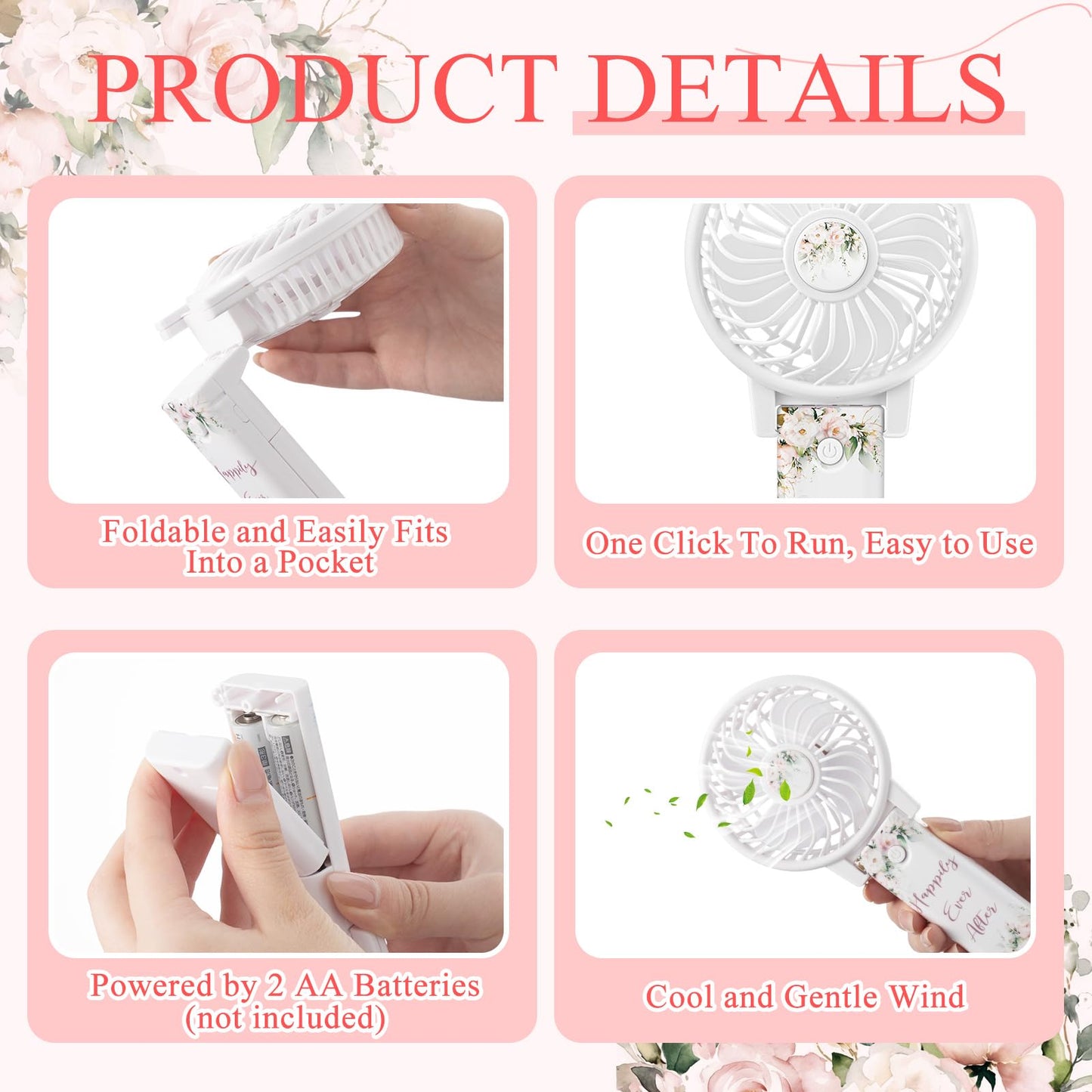 CroBlissful 48 Pcs Mini Wedding Portable Fans for Guests 180° Foldable Electric Pink Flowers Desk Fan Personal Handheld Fans Gifts Bulk for Wedding Bridal Outdoor Summer Desk Office Travel Makeup
