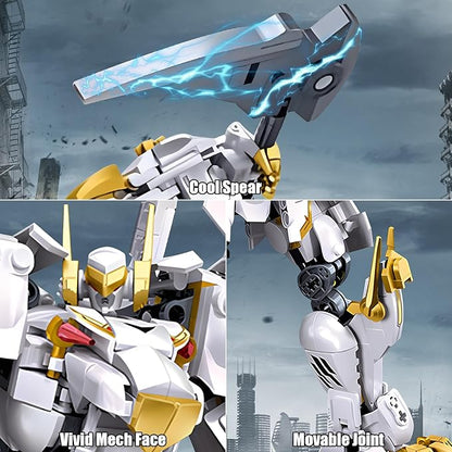 HIGH GODO Mech Robot Building Blocks Set for Adults Flexible Cool White Tiger Warrior Model Kit with Two-Handed Axes Weapon Toy Playset 679 Pieces Creative Mythical Ninja Gifts for Man Teens 14+