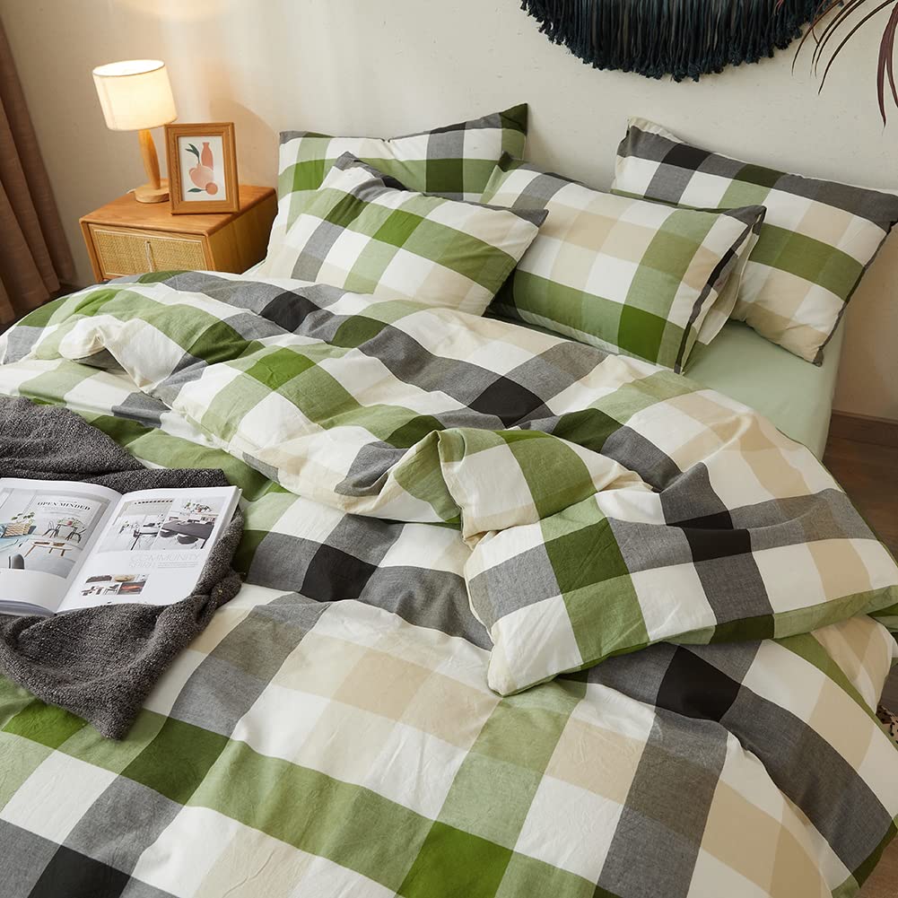 DONEUS 100% Washed Cotton Duvet Cover Set Super Soft Breathable Comfy Natural Linen Like Textured Bedding Set 3 Pieces with Zipper Closure (Green White Plaid, Queen)