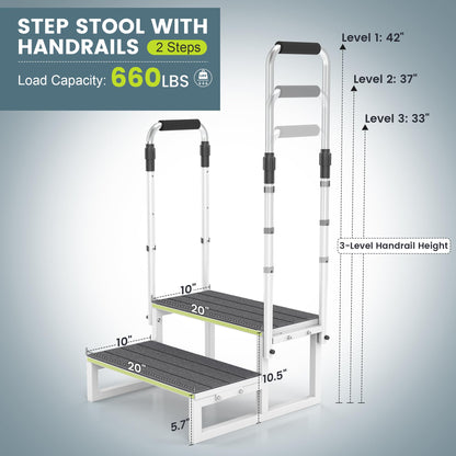 DEPSUNNY RV Step Stool with Handrail, 2 Steps 2 Handrails, Wider Platform, Anti-Slip Mats, Step Stool with Handle for Elderly, Portable RV Stairs for Hot Tub/Camper/Mobile Home/SPA Pool/Pet Stairs