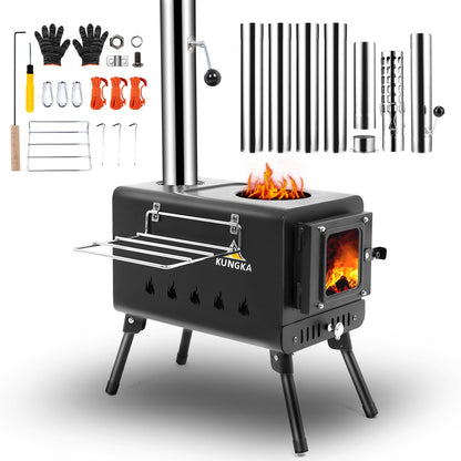 Black Wood Burning Tent Stove, 7 Section & 6 ft height Stainless Steel Chimney with diameter 2.24", Kungka Portable Hot Tent Stove for Heating & Cooking, Camping, Hunting, Ice Fishing