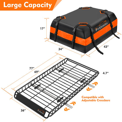 Roof Rack Cargo Carrier, Universal Roof Basket (77"x 36"x 5") + 15 Cubic Feet Waterproof Rooftop Cargo Carrier Bag (46"x 34"x 17") with Bungee Net, Ratchet Straps, Storage Bag, Luggage Lock (X-Large)