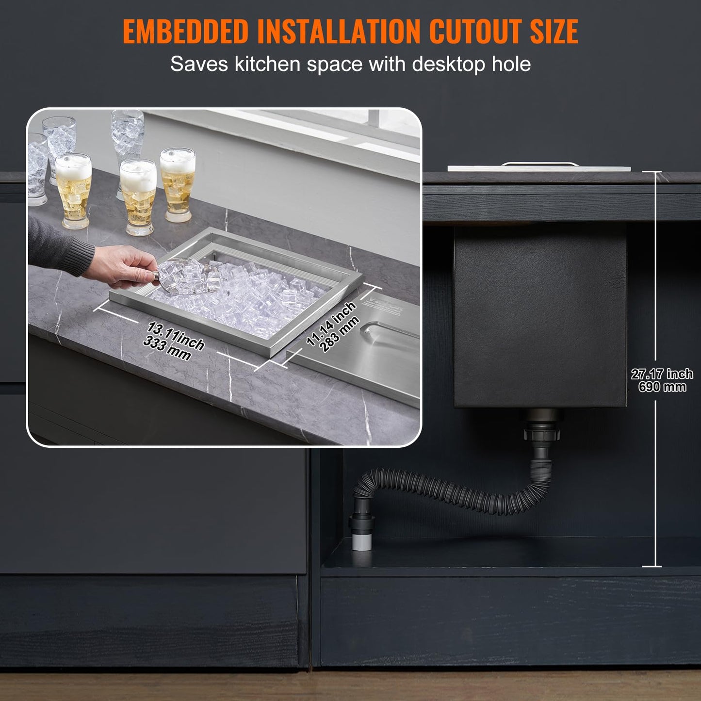 VEVOR Drop in Ice Chest, 14" L x 12" W x 18" H Stainless Steel Ice Cooler, Commercial Ice Bin with Cover, 40 qt Outdoor Kitchen Ice Bar, Drain-Pipe and Drain Plug Included, for Cold Wine Beer