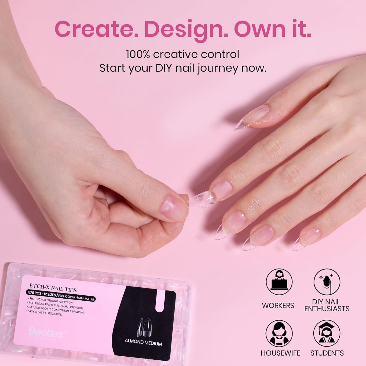 Beetles Gel Nail Kit Short Almond with Nail Dehydrator and Primer, 576Pcs Half Matte Etch-X Gel Nail Tips Solid Nail Glue Mini Nail Lamp Acrylic Nail Tips Easy DIY Nail Extension Set Gift for Women