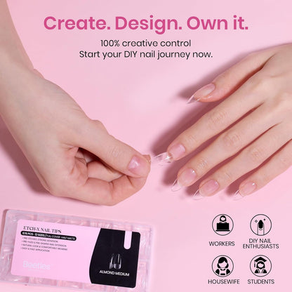 Beetles Gel Nail Kit Short Almond with Nail Dehydrator and Primer, 576Pcs Half Matte Etch-X Gel Nail Tips Solid Nail Glue Mini Nail Lamp Acrylic Nail Tips Easy DIY Nail Extension Set Gift for Women