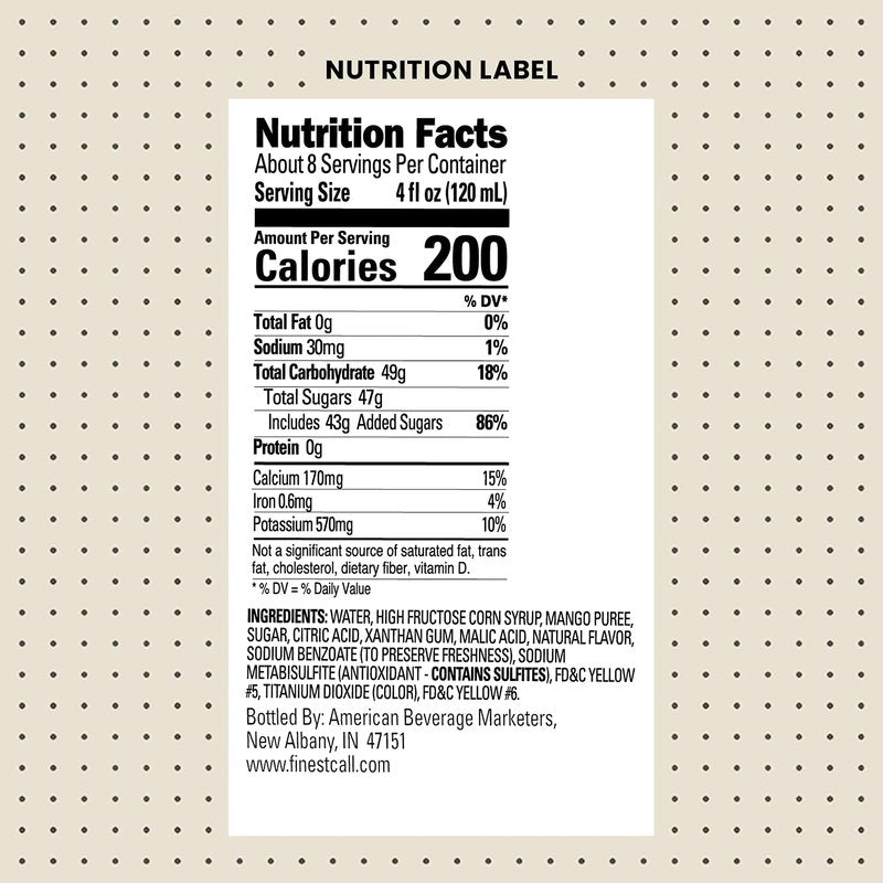 Finest Call Premium Mango Fruit Puree Drink Mix, 1 Liter Bottle (33.8 Fl Oz), Individually Boxed