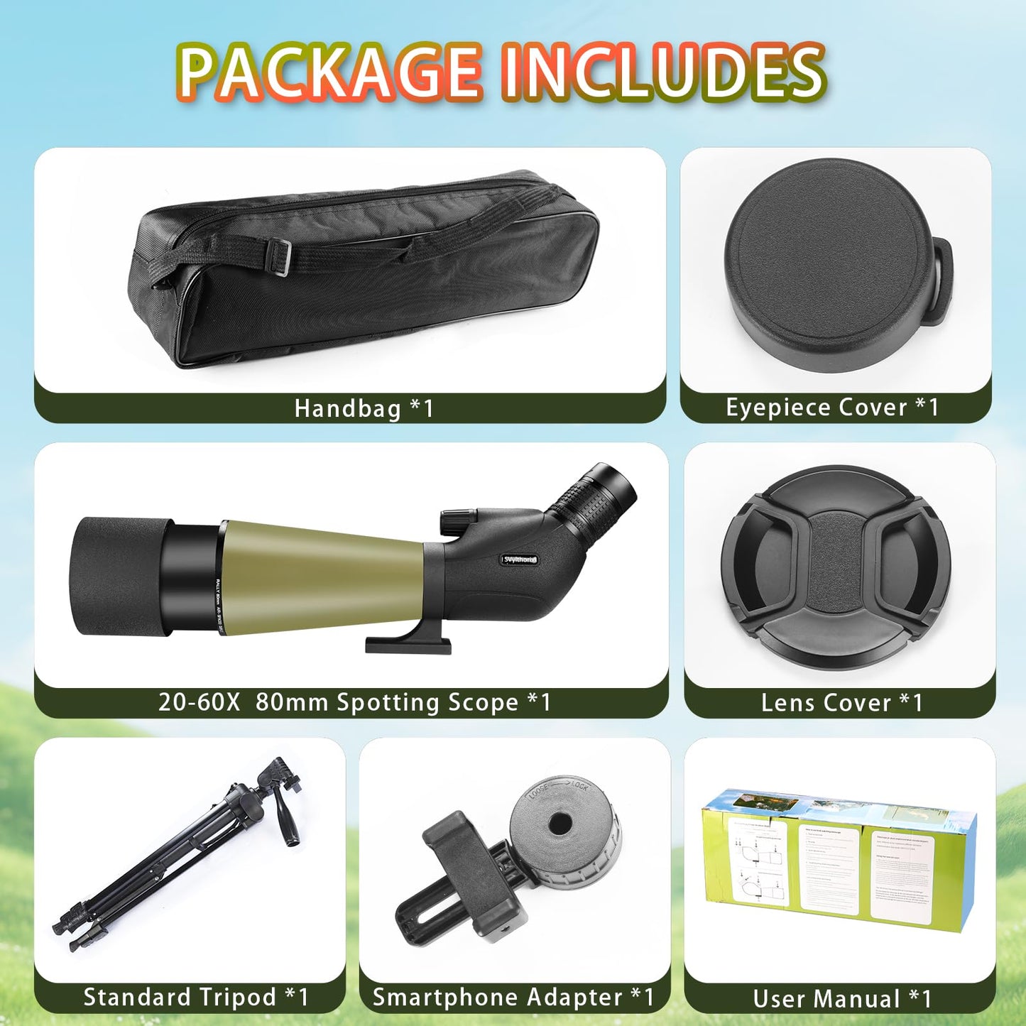 SVylthorix 80mm Spotting Scope with Standard Tripod, Waterproof Fog-Proof Spotter Scope + Phone Adapter & Carrying Bag - BAK4 Prism for Bird Watching, Wildlife Observation, Outdoor Hiking, Stargazing