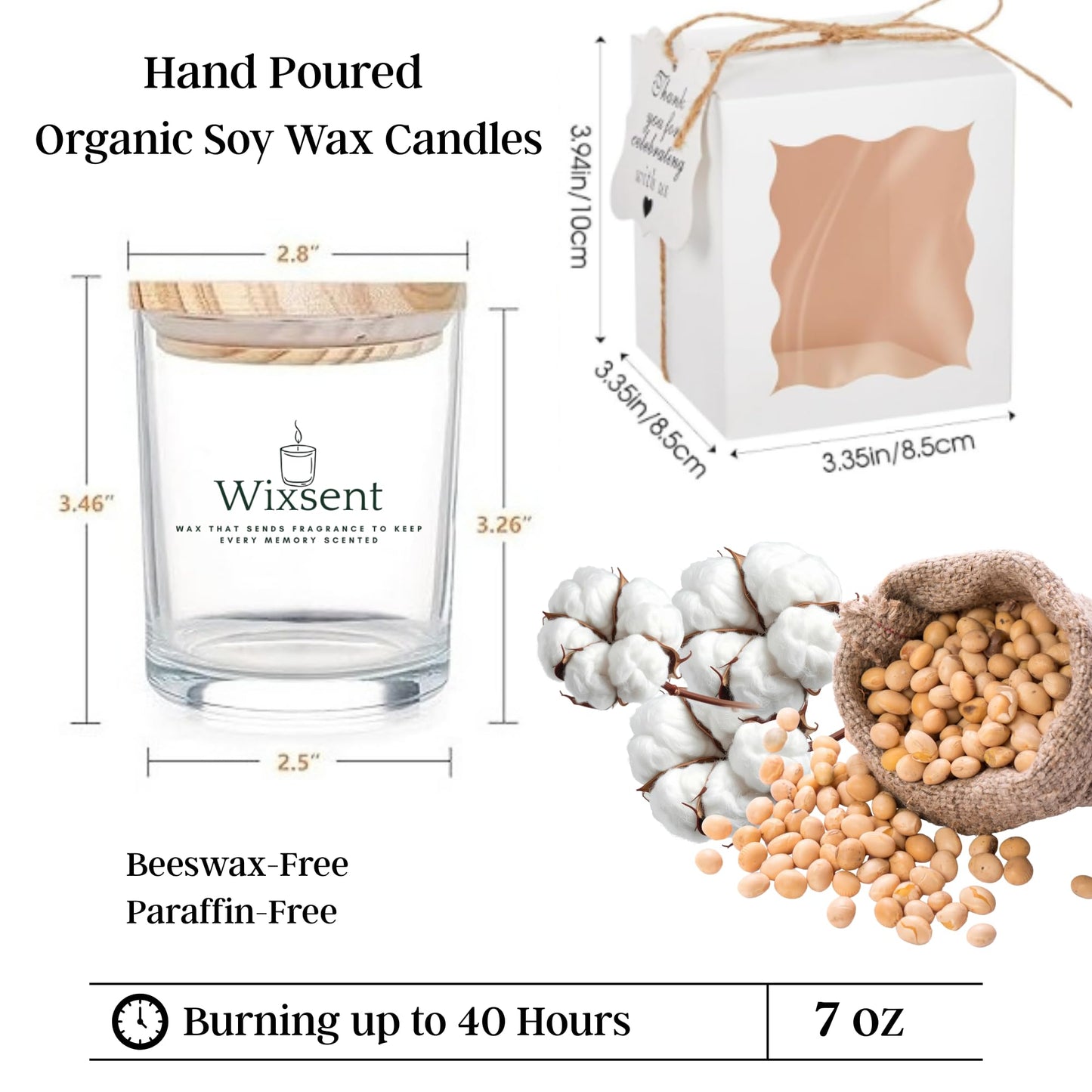 Wixsent Unscented Soy Wax Candle 7oz – Fragrance Free Clean Burn Candle in Clear Glass Jar with Bamboo Lid, Cotton Wick, Minimalist Gift Candle for Home with Gift Box