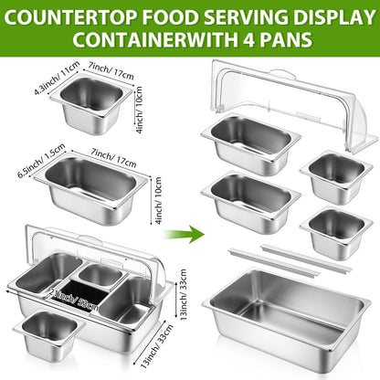 Ziliny 4 Pans Countertop Ice Food Serving Display Container and Clear Roll Top Cover Stainless Steel Condiment Dispenser Serving Tray Salad Bar Buffet Station for Restaurant Hotel Kitchen Party