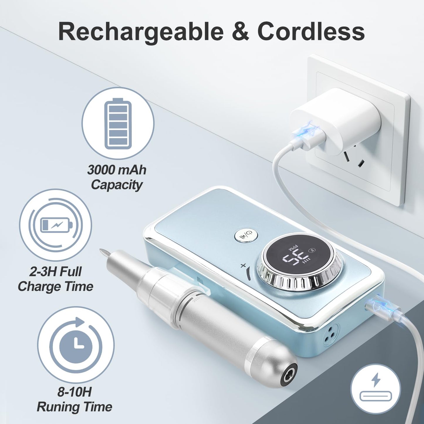 Electric Nail Drill Professional, 35000RPM Portable Efile Nail Drill with 11Pcs Nail Drill Bits, Rechargeable Nail Drill Machine with LCD Display for Acrylic Nail Remove Gel Polish for Home Salon Use