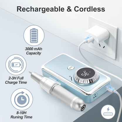Electric Nail Drill Professional, 35000RPM Portable Efile Nail Drill with 11Pcs Nail Drill Bits, Rechargeable Nail Drill Machine with LCD Display for Acrylic Nail Remove Gel Polish for Home Salon Use