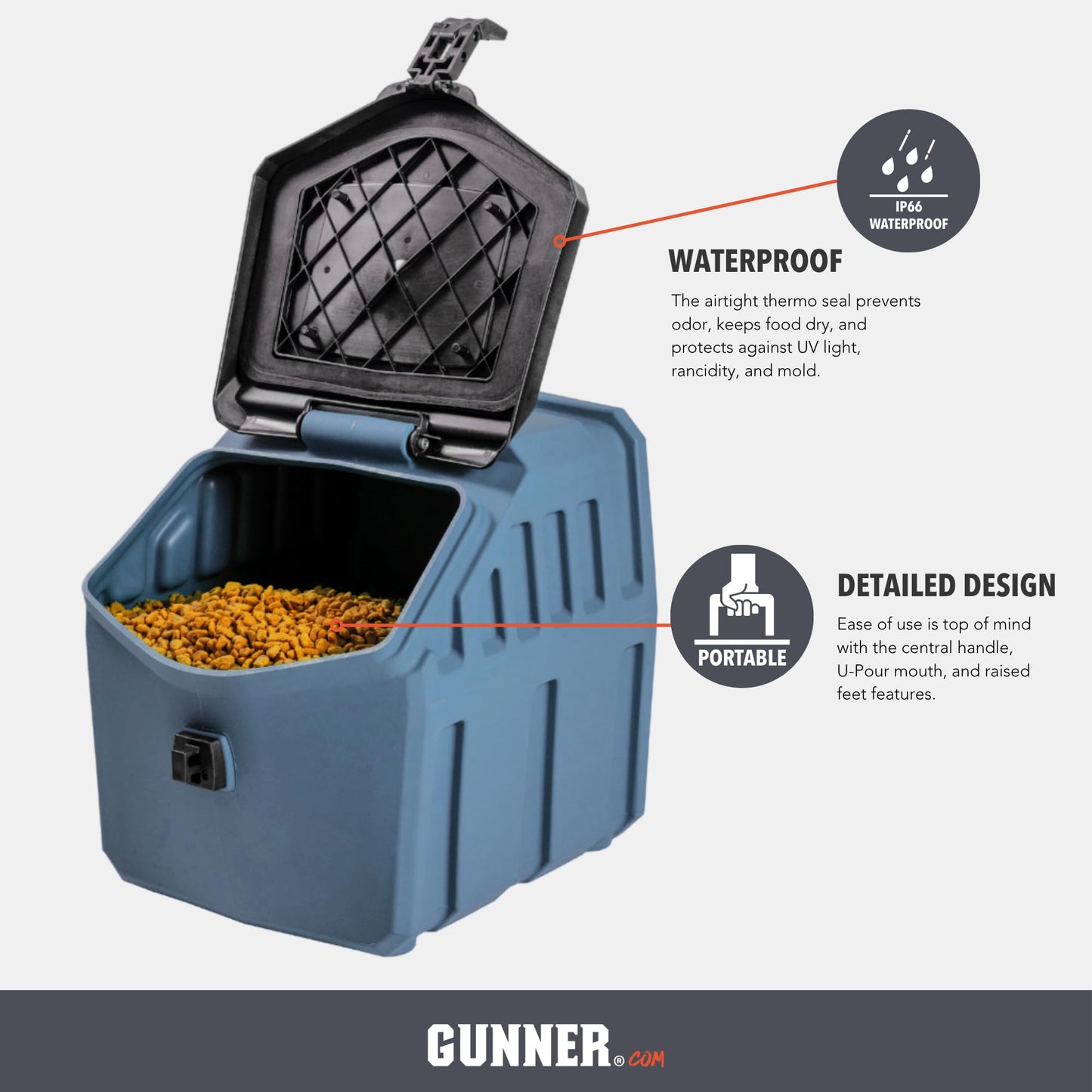 GUNNER 30 lbs Dog Food Storage Container with Measuring Scoop – Waterproof & Airtight Pet Food Bin for Dry Feed, Corn, Chicken Feed, Bird Seed, Treats & More – Ergonomic 3 Cup Scooper with Markers