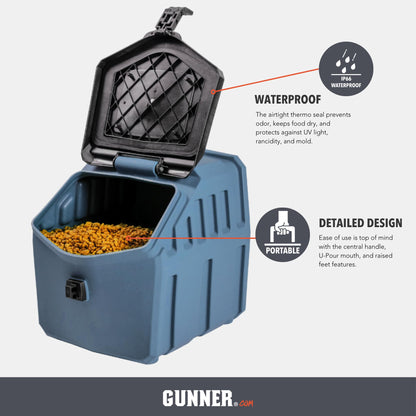 GUNNER 30 lbs Dog Food Storage Container with Measuring Scoop – Waterproof & Airtight Pet Food Bin for Dry Feed, Corn, Chicken Feed, Bird Seed, Treats & More – Ergonomic 3 Cup Scooper with Markers