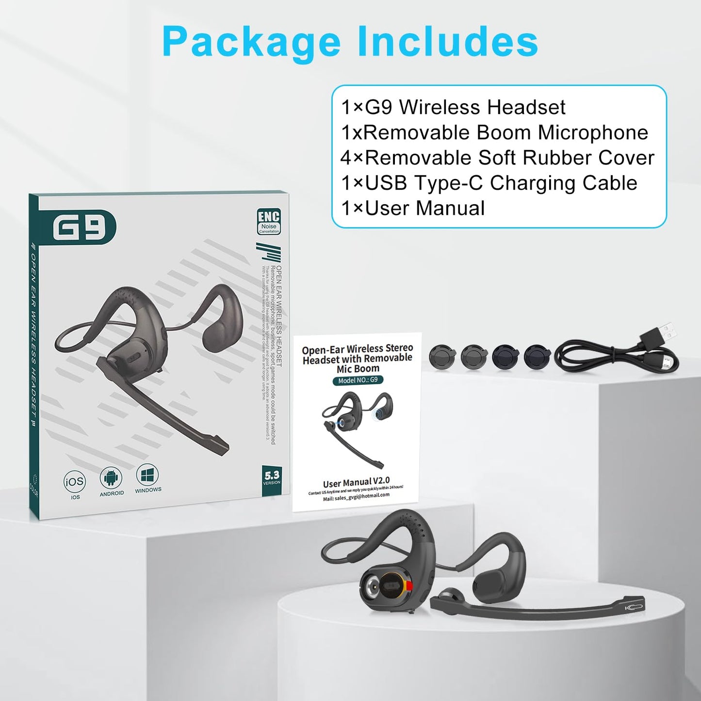 iDIGMALL Bluetooth Headset with Detachable Microphone, Multi-Point Wireless Headset w/DSP Noise Canceling Mic for Phone PC Laptop, Comfort & Light Open Ear headphones for Office Meeting Home Work, 12H